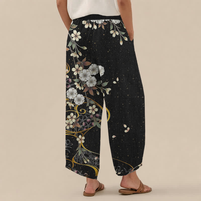 Buddha Stones Cotton Asymmetrical Floral Vine Pattern Pleated Elastic Waist Women's Harem Pants With Pockets - image 2