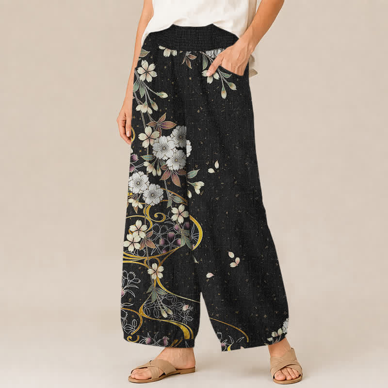 Buddha Stones Cotton Asymmetrical Floral Vine Pattern Pleated Elastic Waist Women's Harem Pants With Pockets - image 1