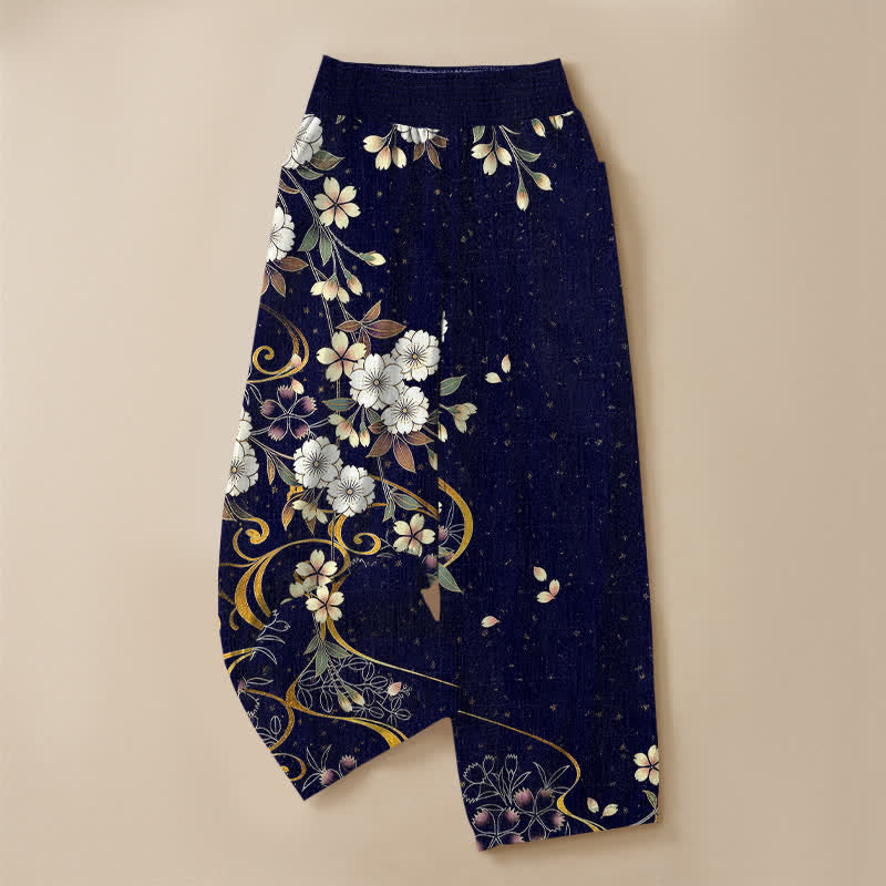 Buddha Stones Cotton Asymmetrical Floral Vine Pattern Pleated Elastic Waist Women's Harem Pants With Pockets - image 9