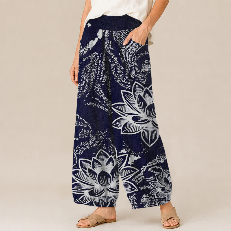 Buddha Stones Cotton White Lotus Floral Pattern Pleated Elastic Waist Women's Harem Pants With Pockets - image 1