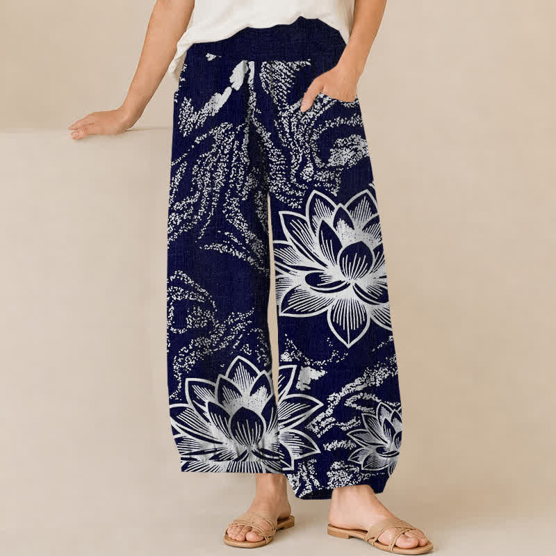 Buddha Stones Cotton White Lotus Floral Pattern Pleated Elastic Waist Women's Harem Pants With Pockets - Navy - US16，UK/AU20，EU48 (3XL) - image 0