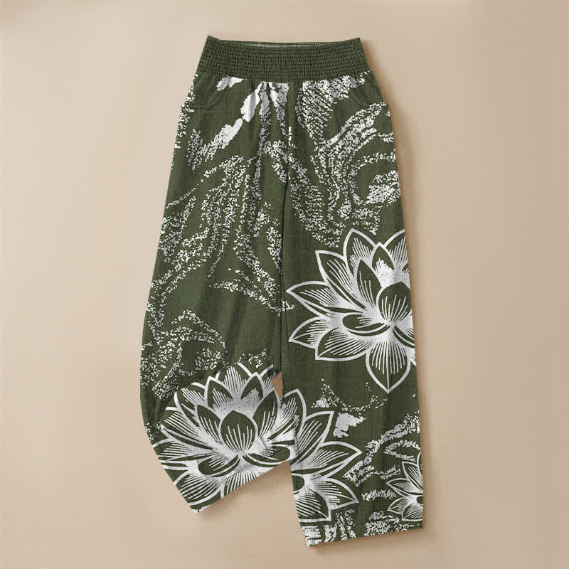 Buddha Stones Cotton White Lotus Floral Pattern Pleated Elastic Waist Women's Harem Pants With Pockets - image 13