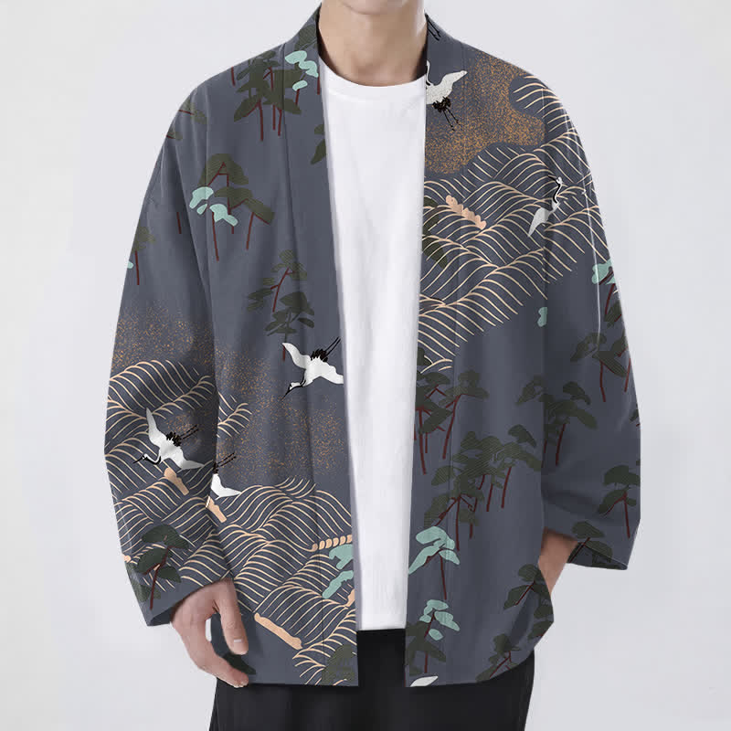 Buddha Stones Cotton White Crane Trees Flowing Waves Pattern Open Front Men's Kimono - LightSlateGray - US/UK/AU48，EU58 (4XL) - image 6