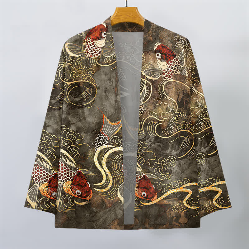 Buddha Stones Cotton Red Koi Fish Golden Waves Pattern Open Front Men's Kimono - image 1