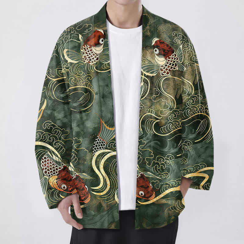 Buddha Stones Cotton Red Koi Fish Golden Waves Pattern Open Front Men's Kimono - DarkOliveGreen - US/UK/AU48，EU58 (4XL) - image 9