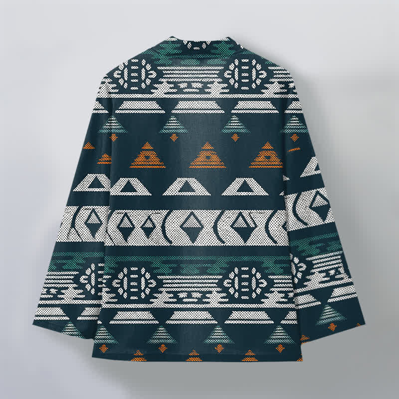 Buddha Stones Cotton Teal Aztec Geometric Pattern Open Front Men's Kimono - image 2