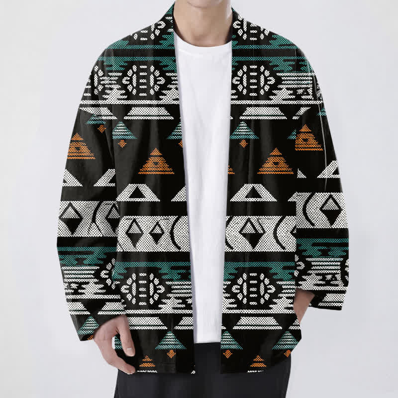 Buddha Stones Cotton Teal Aztec Geometric Pattern Open Front Men's Kimono - Black - US/UK/AU48，EU58 (4XL) - image 6