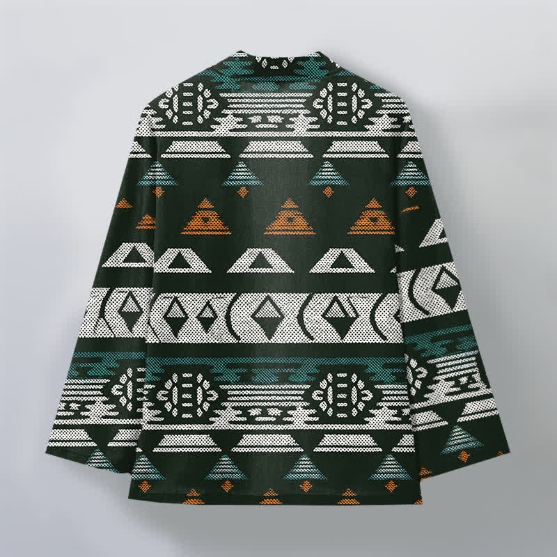 Buddha Stones Cotton Teal Aztec Geometric Pattern Open Front Men's Kimono - image 11