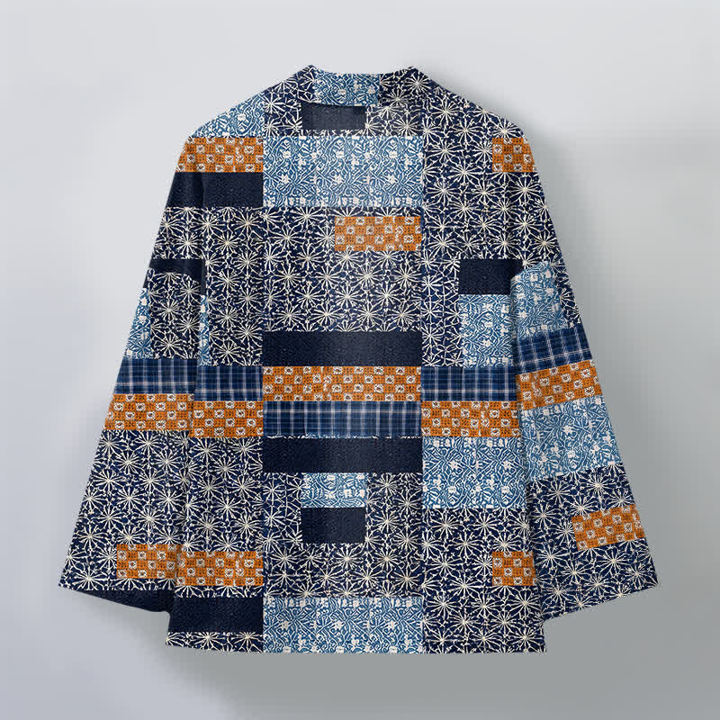 Buddha Stones Cotton Patchwork Geometric Block Pattern Open Front Men's Kimono - image 2