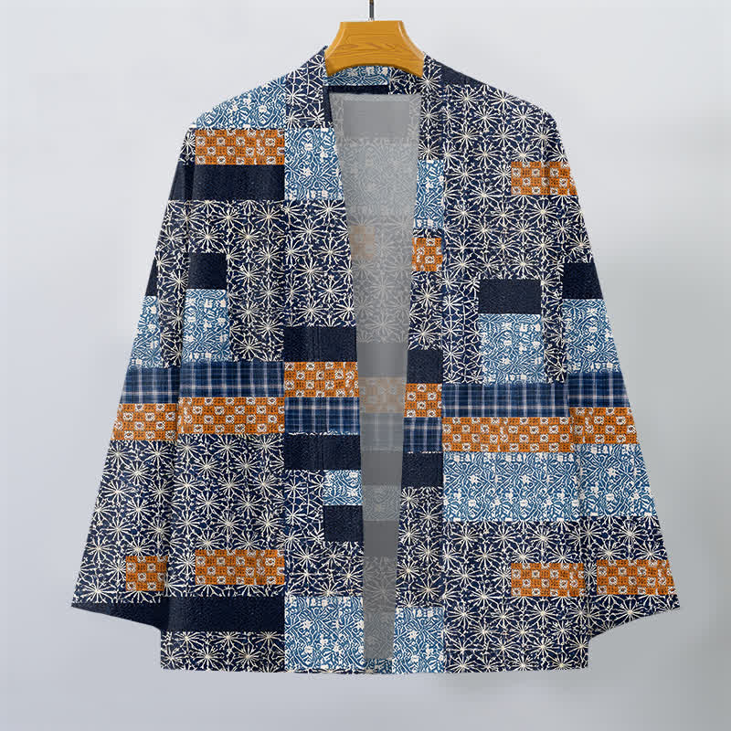 Buddha Stones Cotton Patchwork Geometric Block Pattern Open Front Men's Kimono - image 1