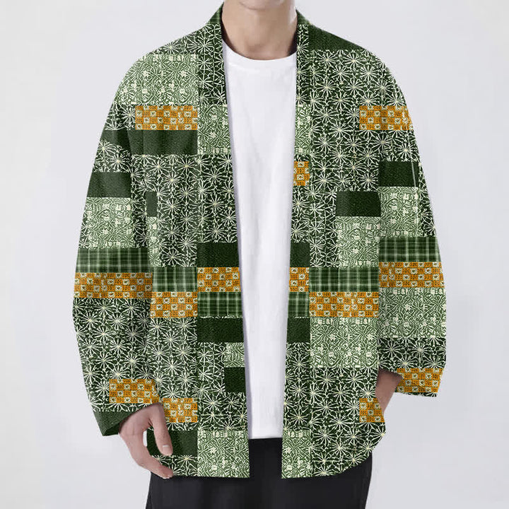 Buddha Stones Cotton Patchwork Geometric Block Pattern Open Front Men's Kimono - ForestGreen - US/UK/AU48，EU58 (4XL) - image 9
