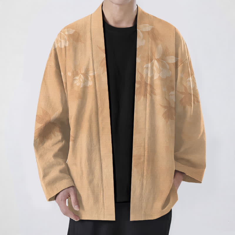 Buddha Stones Cotton Subtle Floral Leaf Pattern Open Front Men's Kimono - Tan - US/UK/AU48，EU58 (4XL) - image 0