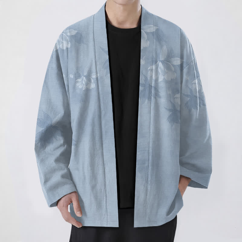 Buddha Stones Cotton Subtle Floral Leaf Pattern Open Front Men's Kimono - LightSteelBlue - US/UK/AU48，EU58 (4XL) - image 6
