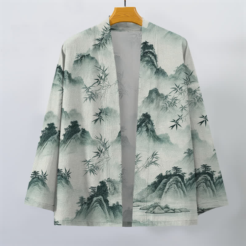 Buddha Stones Cotton Ink Bamboo Mountains Landscape Pattern Open Front Men's Kimono - image 1