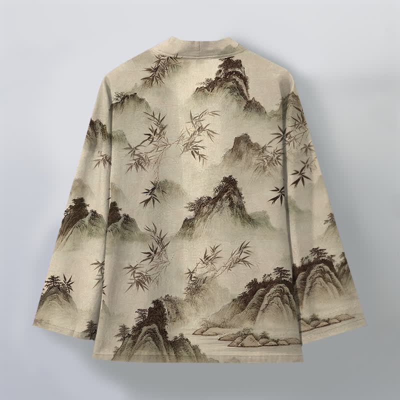Buddha Stones Cotton Ink Bamboo Mountains Landscape Pattern Open Front Men's Kimono - image 8