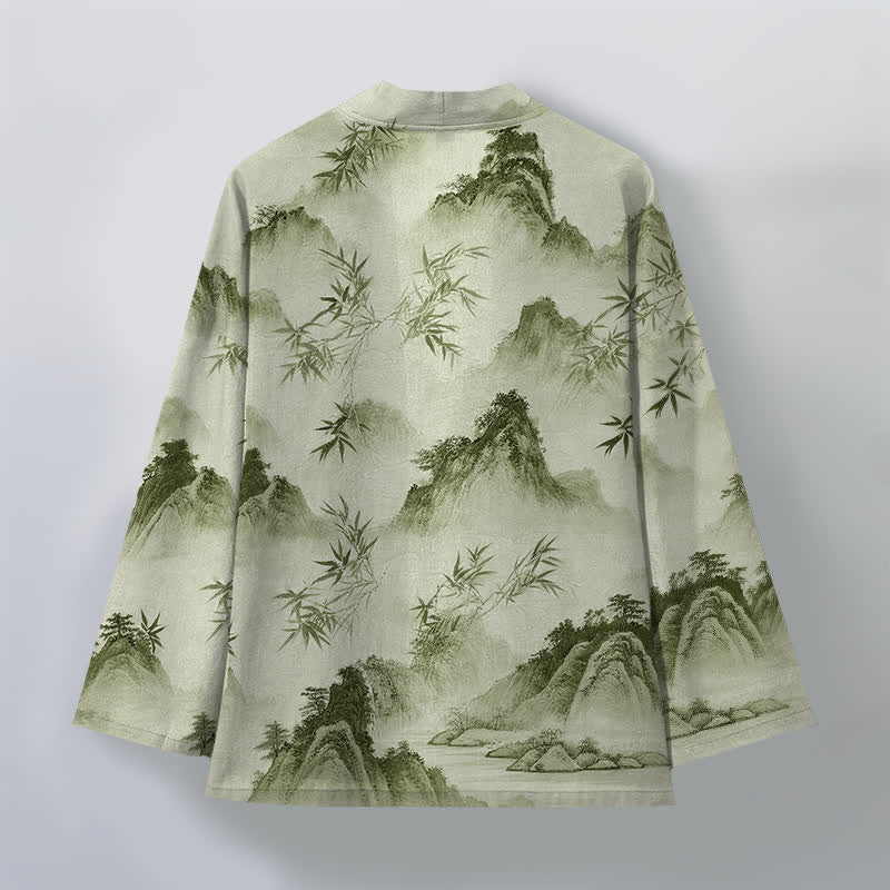 Buddha Stones Cotton Ink Bamboo Mountains Landscape Pattern Open Front Men's Kimono - image 11