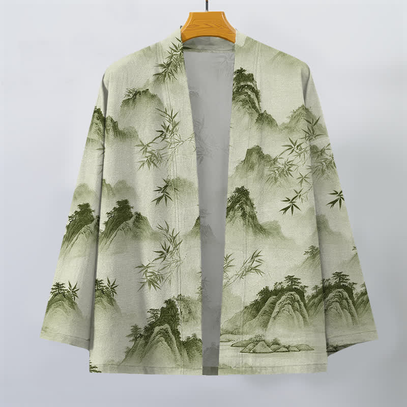 Buddha Stones Cotton Ink Bamboo Mountains Landscape Pattern Open Front Men's Kimono - image 10