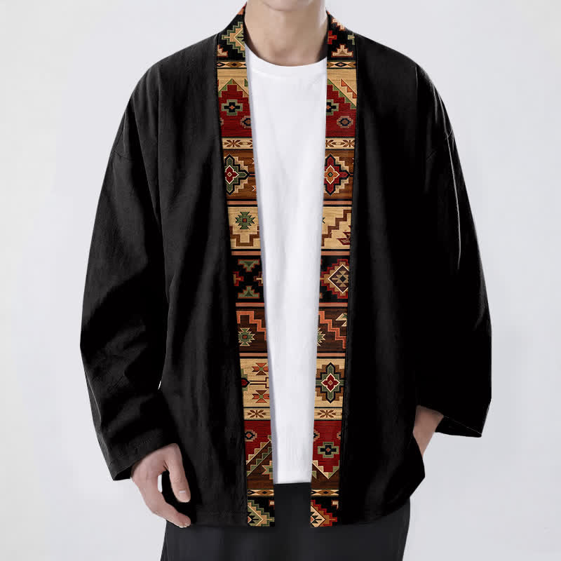 Buddha Stones Cotton Tribal Geometric Trim Pattern Open Front Men's Kimono - Black - US/UK/AU48，EU58 (4XL) - image 0