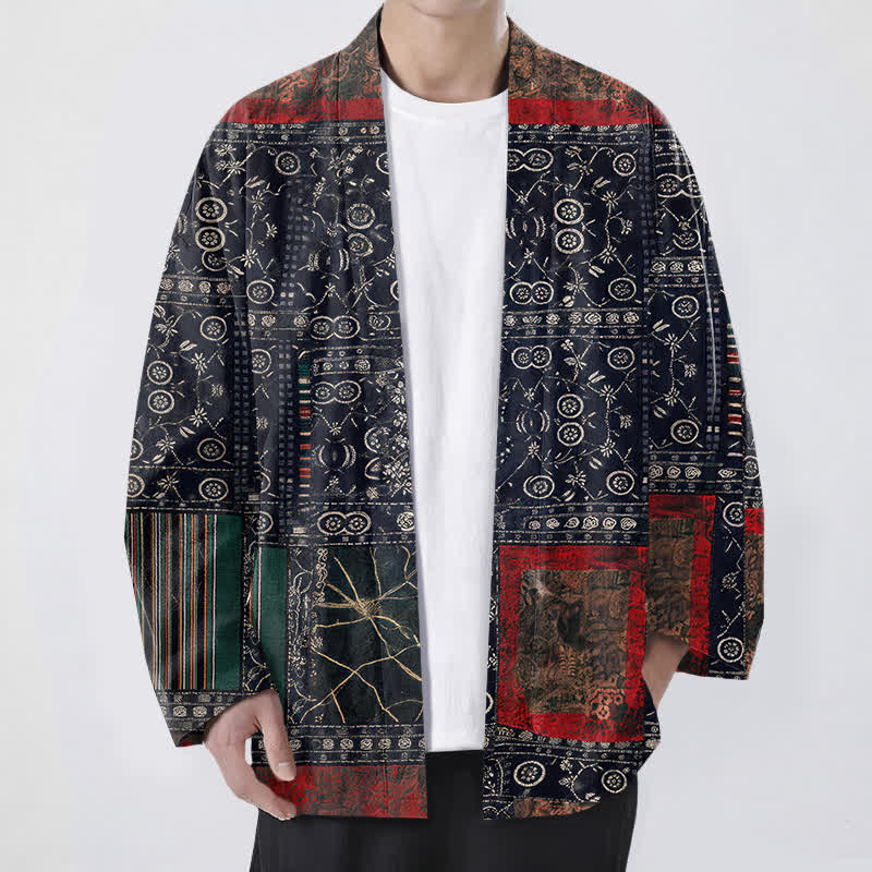 Buddha Stones Cotton Tribal Geometric Patchwork Pattern Open Front Men's Kimono - Navy - US/UK/AU48，EU58 (4XL) - image 0