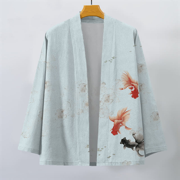Buddha Stones Cotton Koi Fish Flowing Waves Pattern Open Front Men's Kimono - image 7