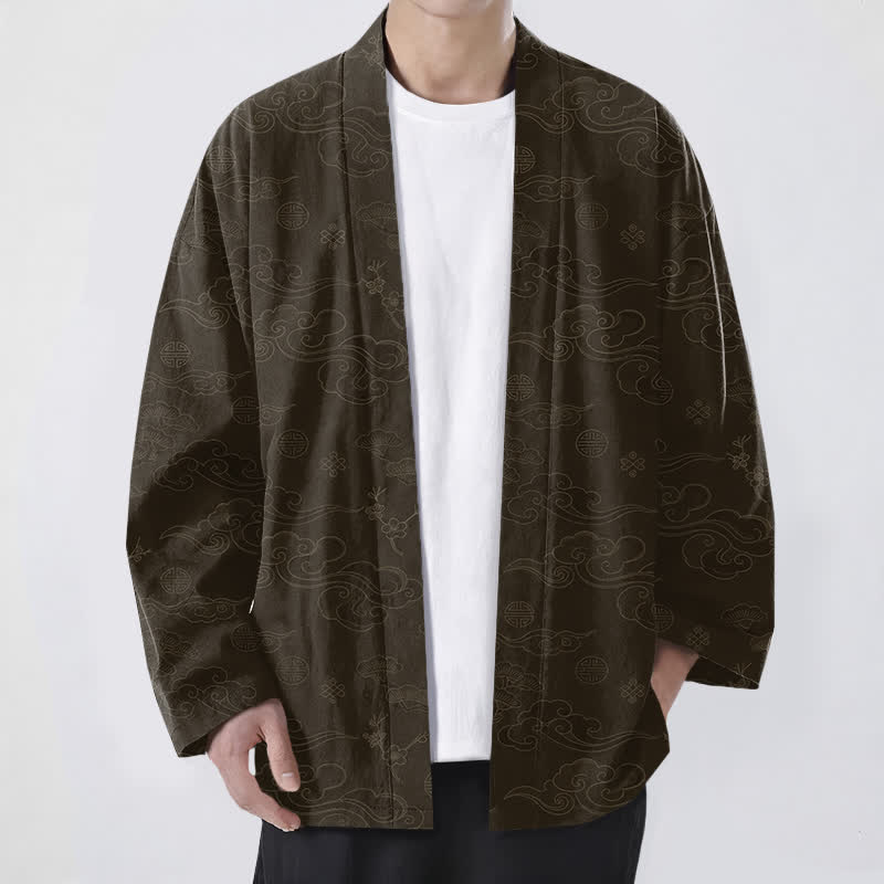 Buddha Stones Cotton Auspicious Clouds Pattern Open Front Men's Kimono - DarkOliveGreen - US/UK/AU48，EU58 (4XL) - image 6