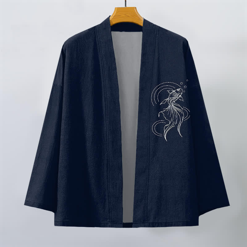 Buddha Stones Cotton White Koi Fish Wave Pattern Open Front Men's Kimono - image 1