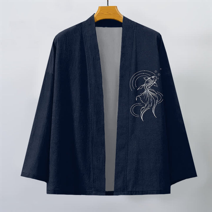 Buddha Stones Cotton White Koi Fish Wave Pattern Open Front Men's Kimono - image 1