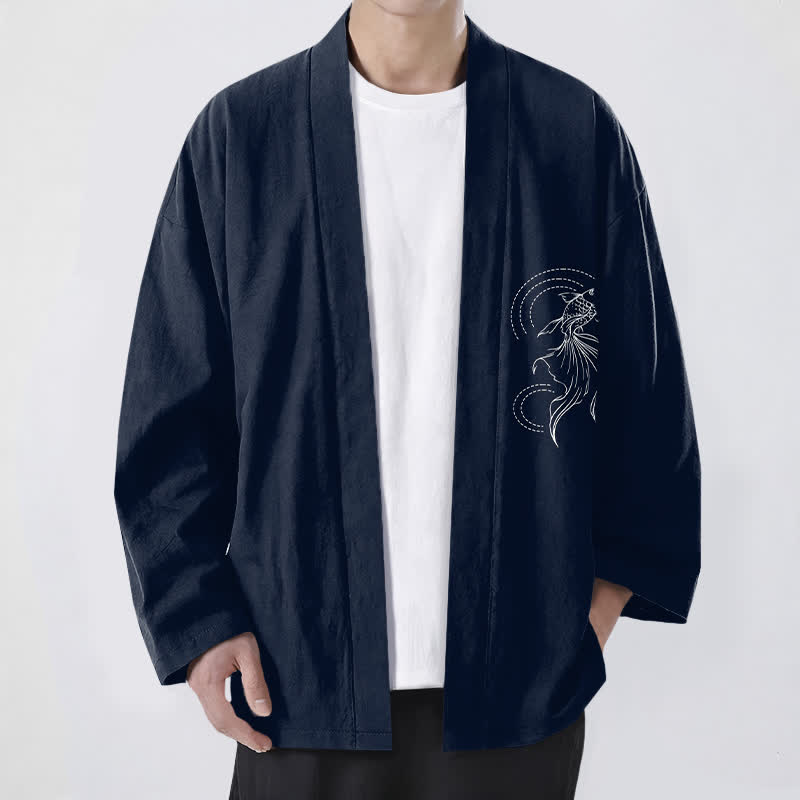Buddha Stones Cotton White Koi Fish Wave Pattern Open Front Men's Kimono - Navy - US/UK/AU48，EU58 (4XL) - image 0