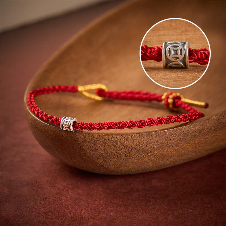 Buddha Stones Black Red String 925 Sterling Silver Chinese Coin Protection Minimalist Bracelet - Dark Red String - 5.5–6.3 in (14–16 cm) - image 0