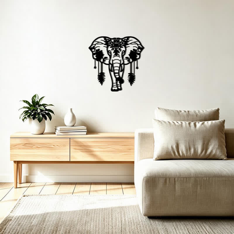 Buddha Stones Lucky Elephant Feather Flower Pattern Iron Metal Wall Decor - image 12