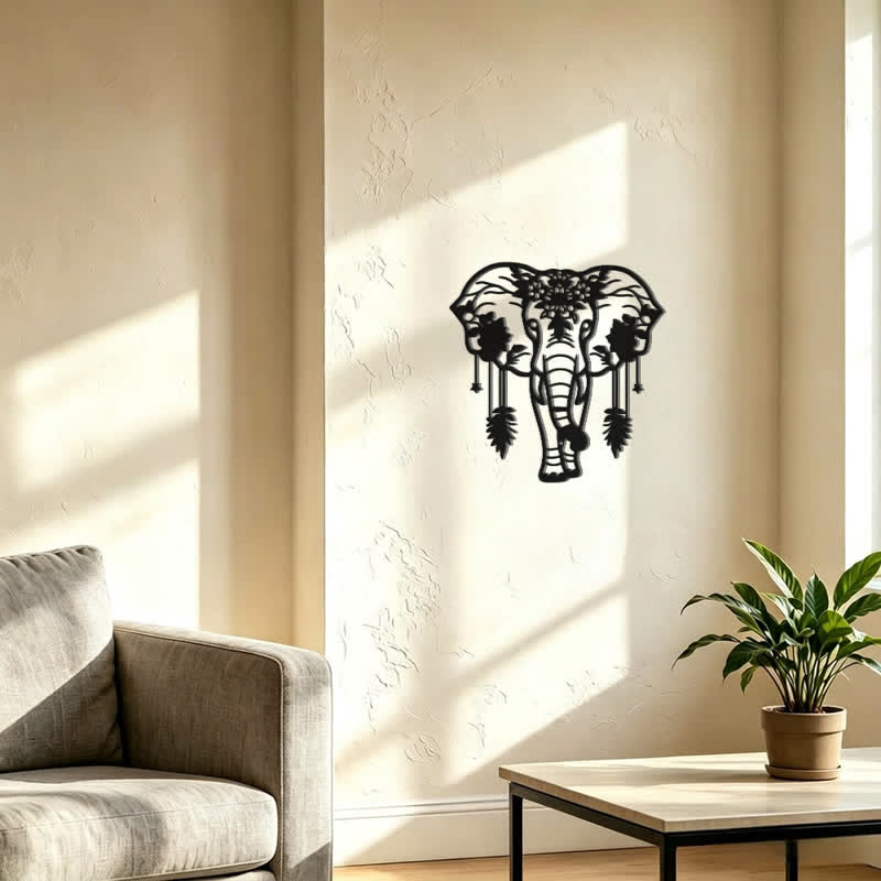 Buddha Stones Lucky Elephant Feather Flower Pattern Iron Metal Wall Decor - image 9