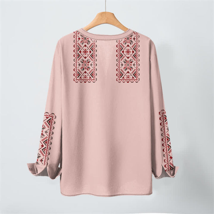 Buddha Stones Cotton Tribal Geometric Pattern V-Neck Buttons Men's Long Sleeve Shirts - image 3