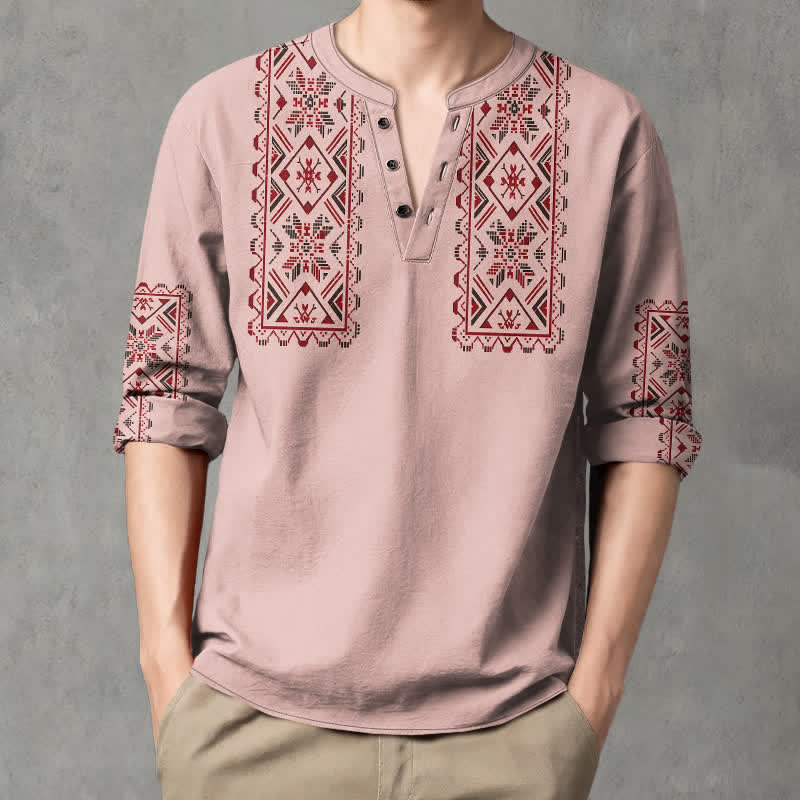 Buddha Stones Cotton Tribal Geometric Pattern V-Neck Buttons Men's Long Sleeve Shirts - image 1