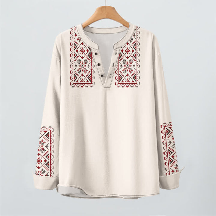 Buddha Stones Cotton Tribal Geometric Pattern V-Neck Buttons Men's Long Sleeve Shirts - image 9