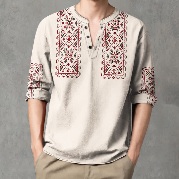 Buddha Stones Cotton Tribal Geometric Pattern V-Neck Buttons Men's Long Sleeve Shirts - image 8