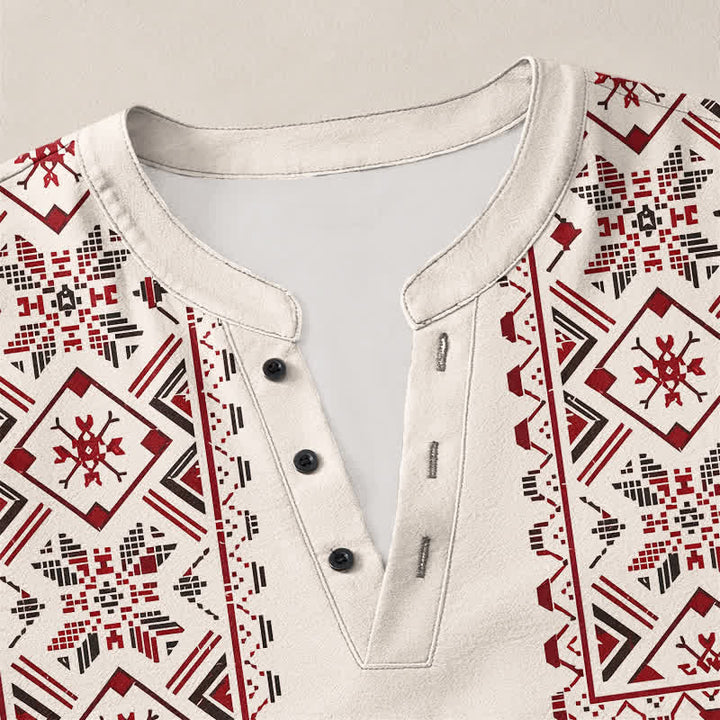 Buddha Stones Cotton Tribal Geometric Pattern V-Neck Buttons Men's Long Sleeve Shirts - image 11