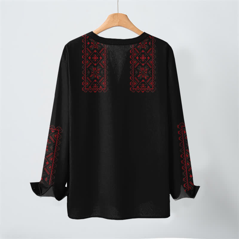Buddha Stones Cotton Tribal Geometric Pattern V-Neck Buttons Men's Long Sleeve Shirts - image 17