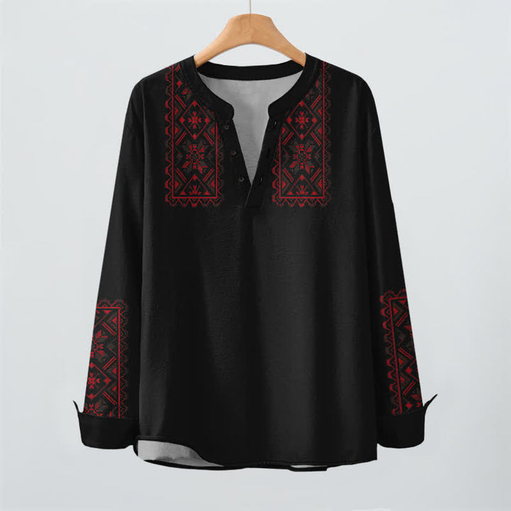 Buddha Stones Cotton Tribal Geometric Pattern V-Neck Buttons Men's Long Sleeve Shirts - image 16
