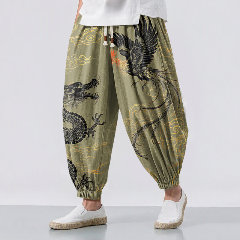 Buddha Stones Pure Cotton Dragon Phoenix Cloud Pattern Drawstring Men's Harem Pants With Pockets - Olive - US/UK/AU50，EU60 (5XL) - image 0