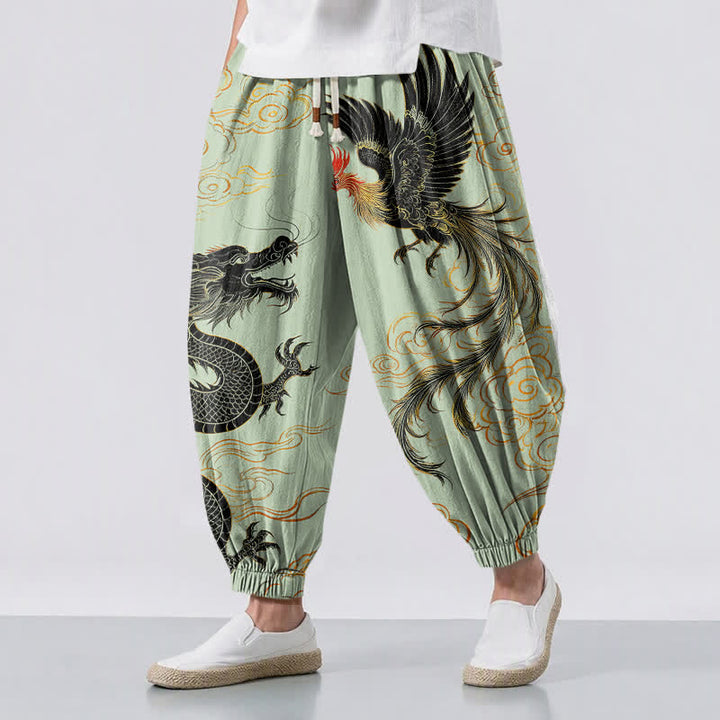 Buddha Stones Pure Cotton Dragon Phoenix Cloud Pattern Drawstring Men's Harem Pants With Pockets - MintCream - US/UK/AU50，EU60 (5XL) - image 6