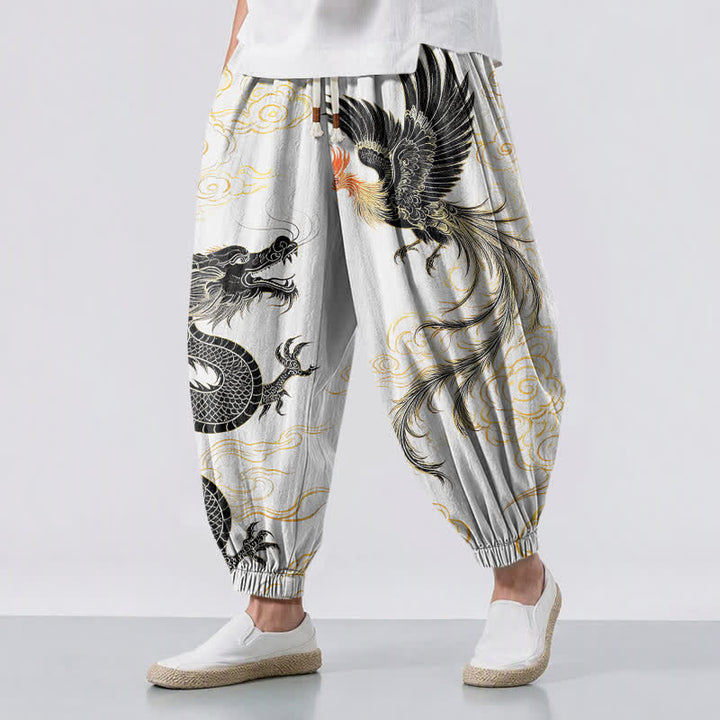Buddha Stones Pure Cotton Dragon Phoenix Cloud Pattern Drawstring Men's Harem Pants With Pockets - WhiteSmoke - US/UK/AU50，EU60 (5XL) - image 12