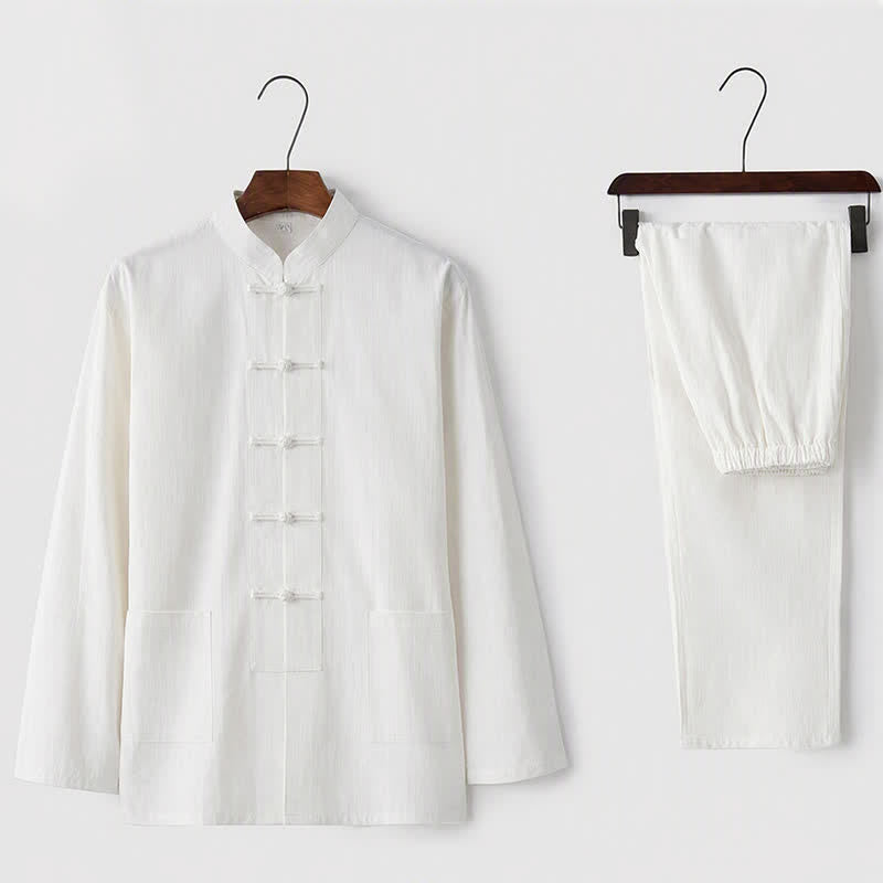 Buddha Stones 2Pcs Tang Suit Traditional Frog-Button Uniform Long Sleeve Shirt Pants Men's Set - White - US/UK/AU44，EU54 (5XL) - image 1