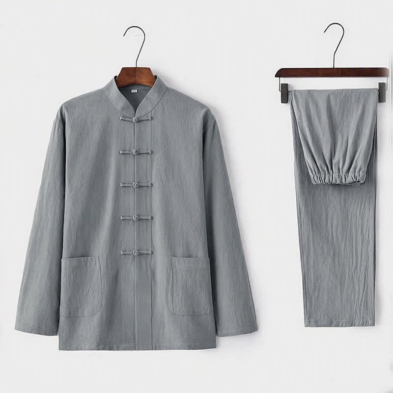 Buddha Stones 2Pcs Tang Suit Traditional Frog-Button Uniform Long Sleeve Shirt Pants Men's Set - Gainsboro - US/UK/AU44，EU54 (5XL) - image 2