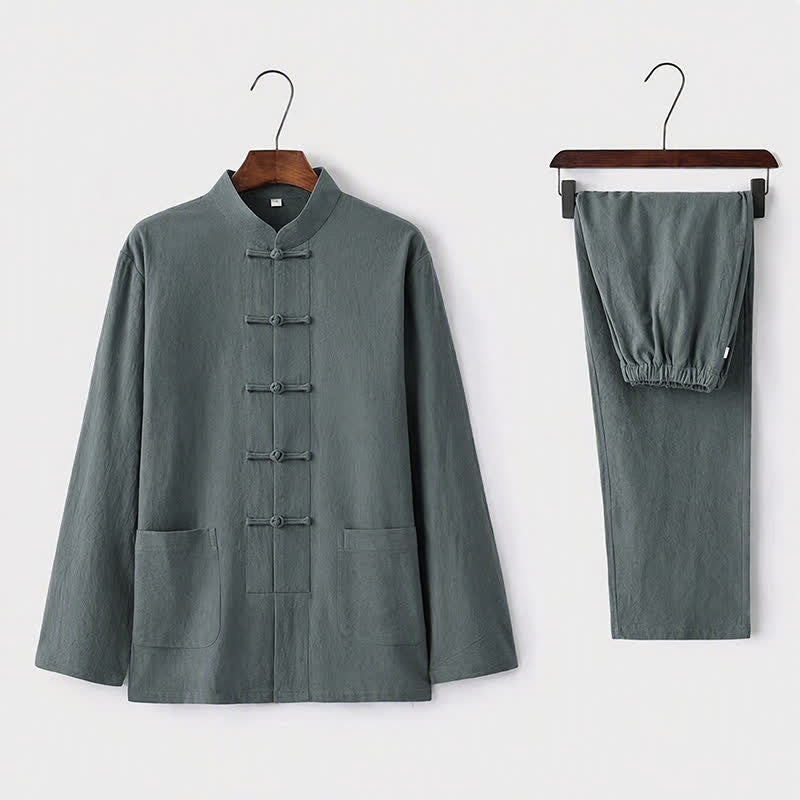 Buddha Stones 2Pcs Tang Suit Traditional Frog-Button Uniform Long Sleeve Shirt Pants Men's Set - CadetBlue - US/UK/AU44，EU54 (5XL) - image 4