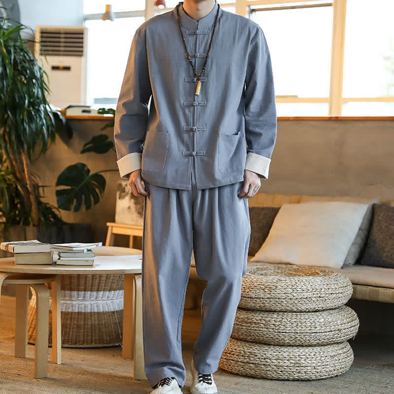 Buddha Stones 2Pcs Zen Tang Suit Men's Frog-Button Long Sleeve Shirt Pants Set With Pockets - image 2