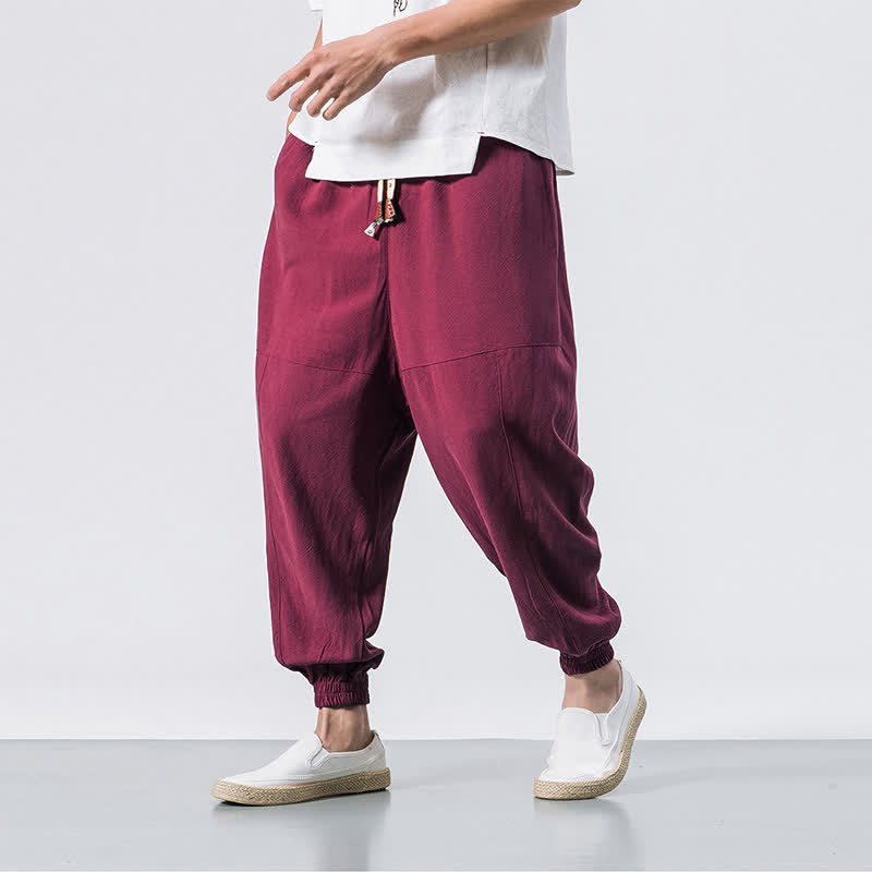 Buddha Stones Men's Plain Simple Drawstring Design Cotton Harem Pants With Pockets - Crimson - US/UK/AU46，EU56 (5XL) - image 7