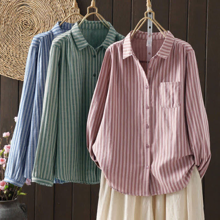 Buddha Stones Spring Vertical Stripes Long Sleeve Decorative Pocket Women's Cotton Buttons Shirt - image 7
