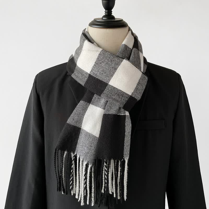 Buddha Stones Fall Winter Long Rectangular Plaid Fringed Scarves - Black - image 0