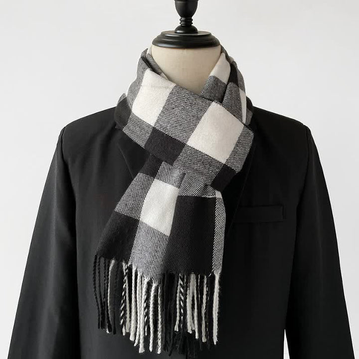 Buddha Stones Fall Winter Long Rectangular Plaid Fringed Scarves - Black - image 0