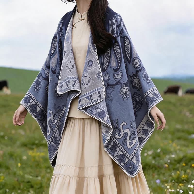 Buddha Stones Fall Winter Hooded Paisley Geometric Boho Poncho Style Shawl - image 6